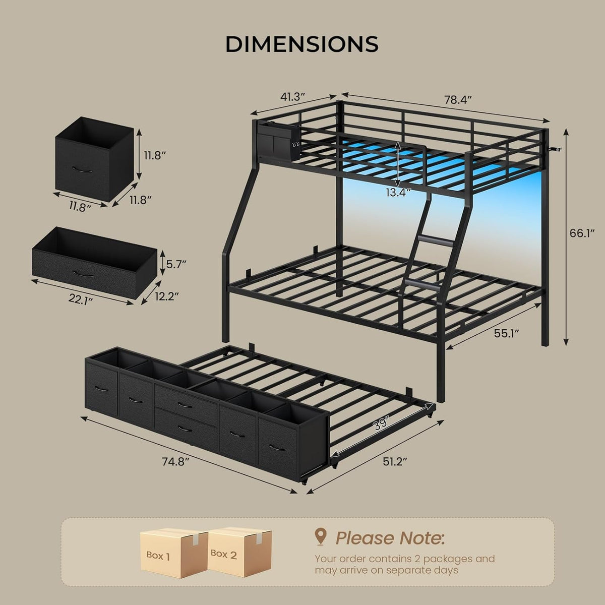 Industrial Grade Metal Twin Over Full Bunk Bed Black