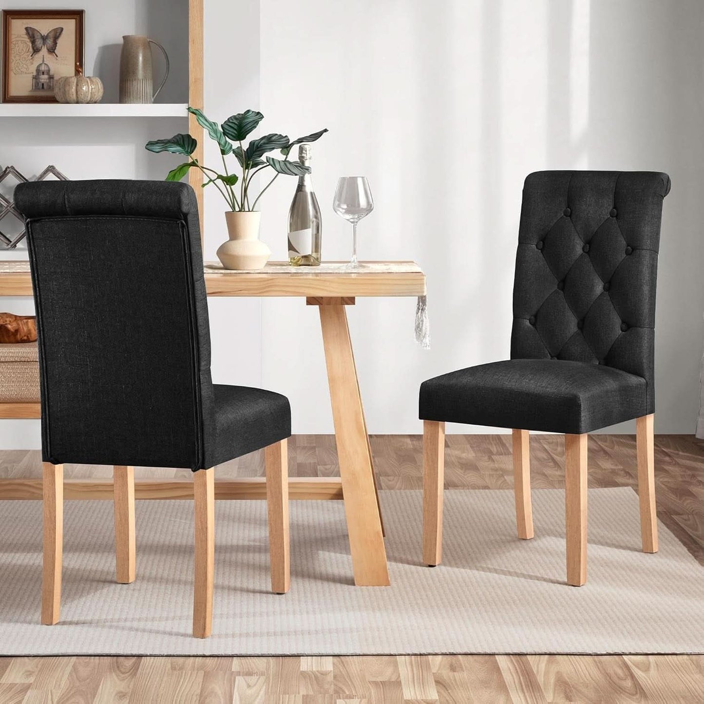 Tufted Upholstered Dining Chair Pair With Solid Wood Legs Black