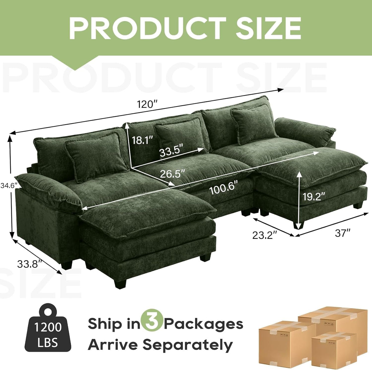 120 Inches Emerald Chenille Modular Sectional Sofa