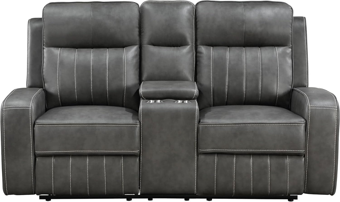 Gray Faux Leather Reclining Loveseat With Manual Recline