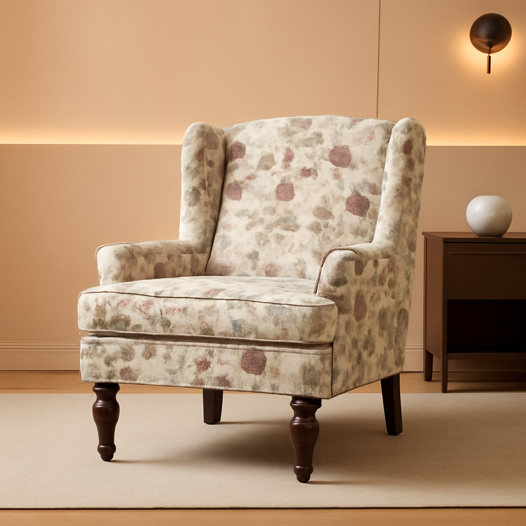 Red Floral Wingback Accent Chair Linen Upholstered