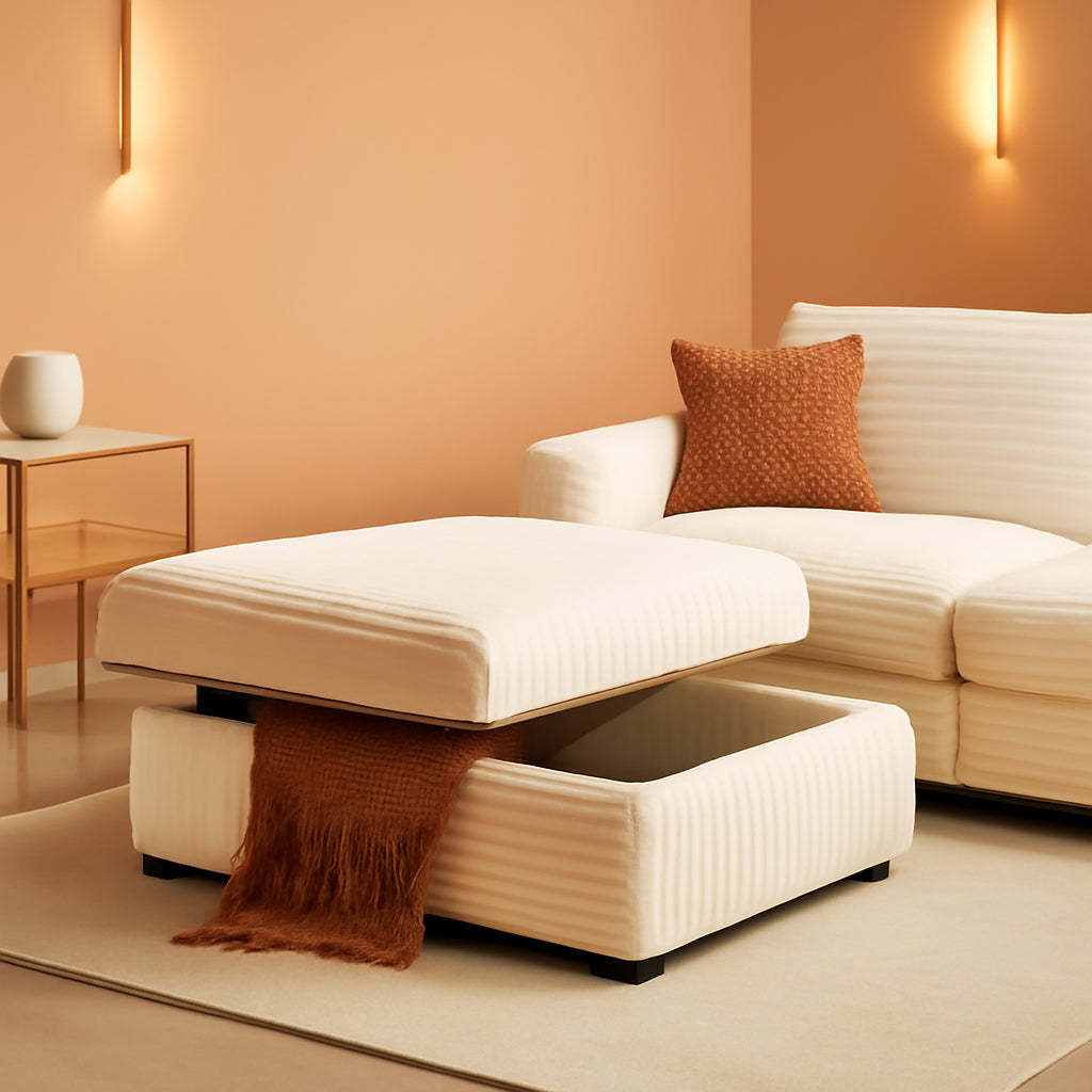 Beige Corduroy Storage Ottoman With Hidden Compartment