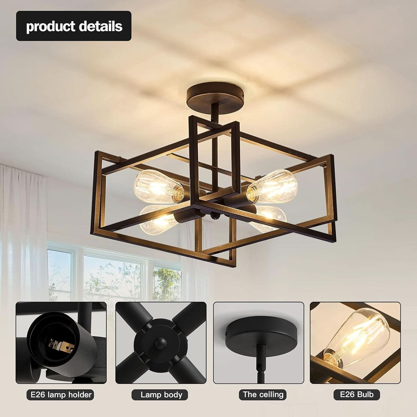 Black Four Light Farmhouse Ceiling Light Luminaire