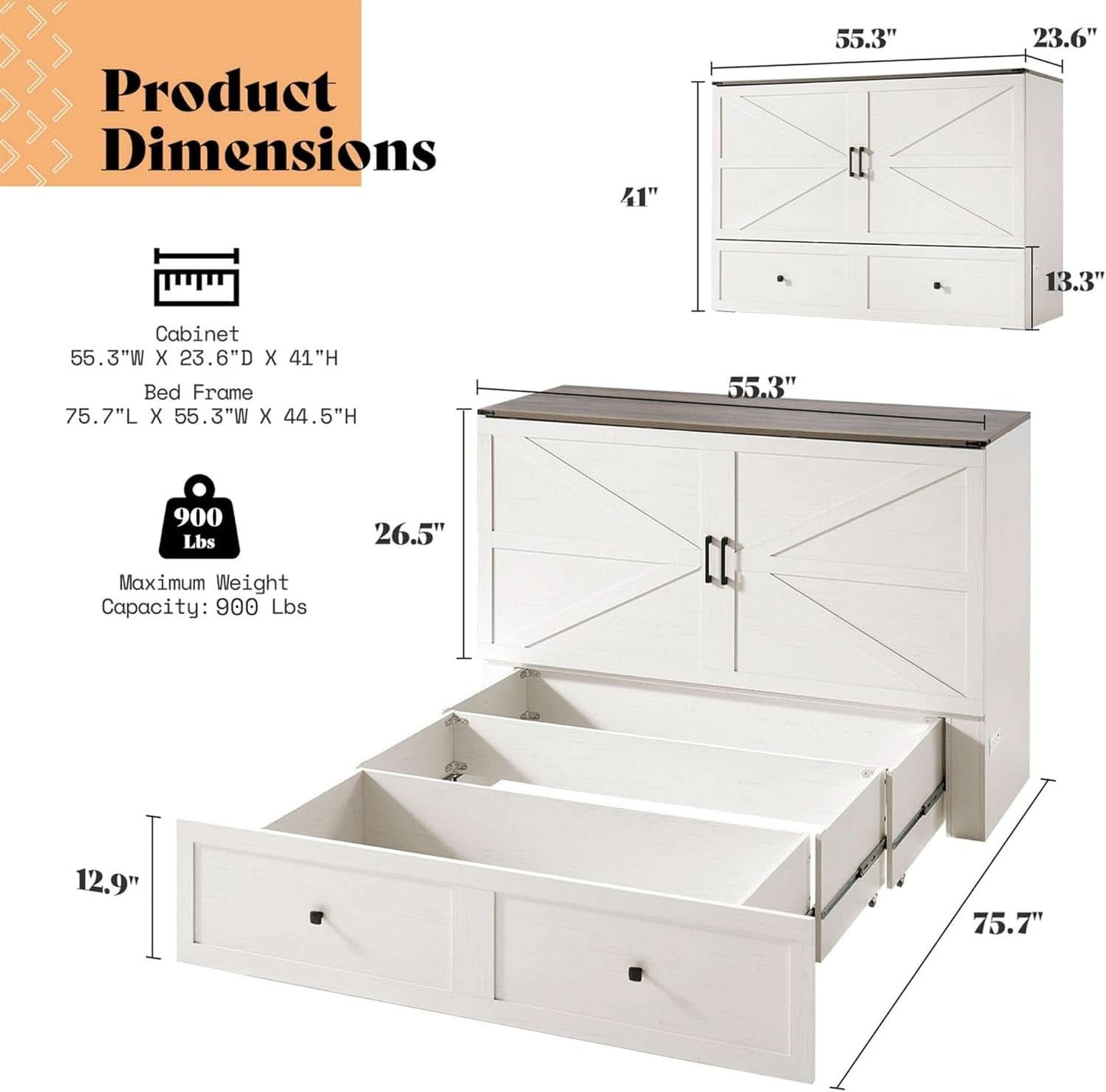 Murphy Bed With Distressed White Storage And Charging