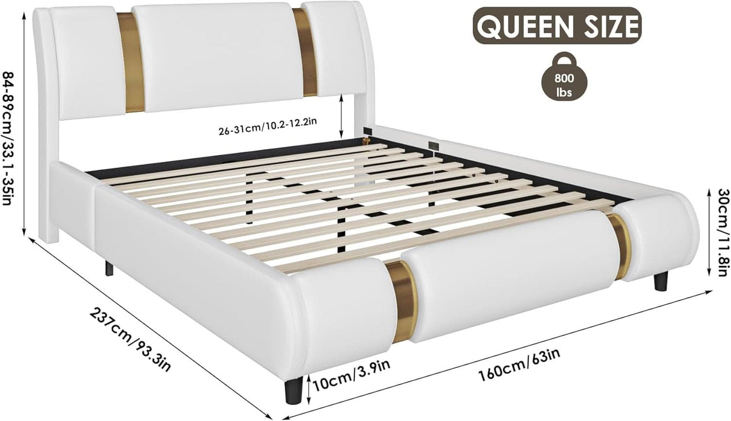 Queen White Faux Leather Platformbed Bed Headboard