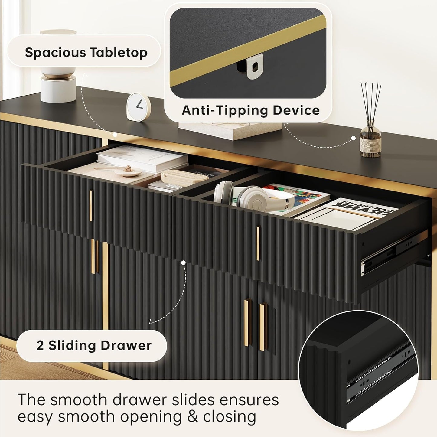 60Inch Black Fluted Buffet Cabinet Featuring Storage
