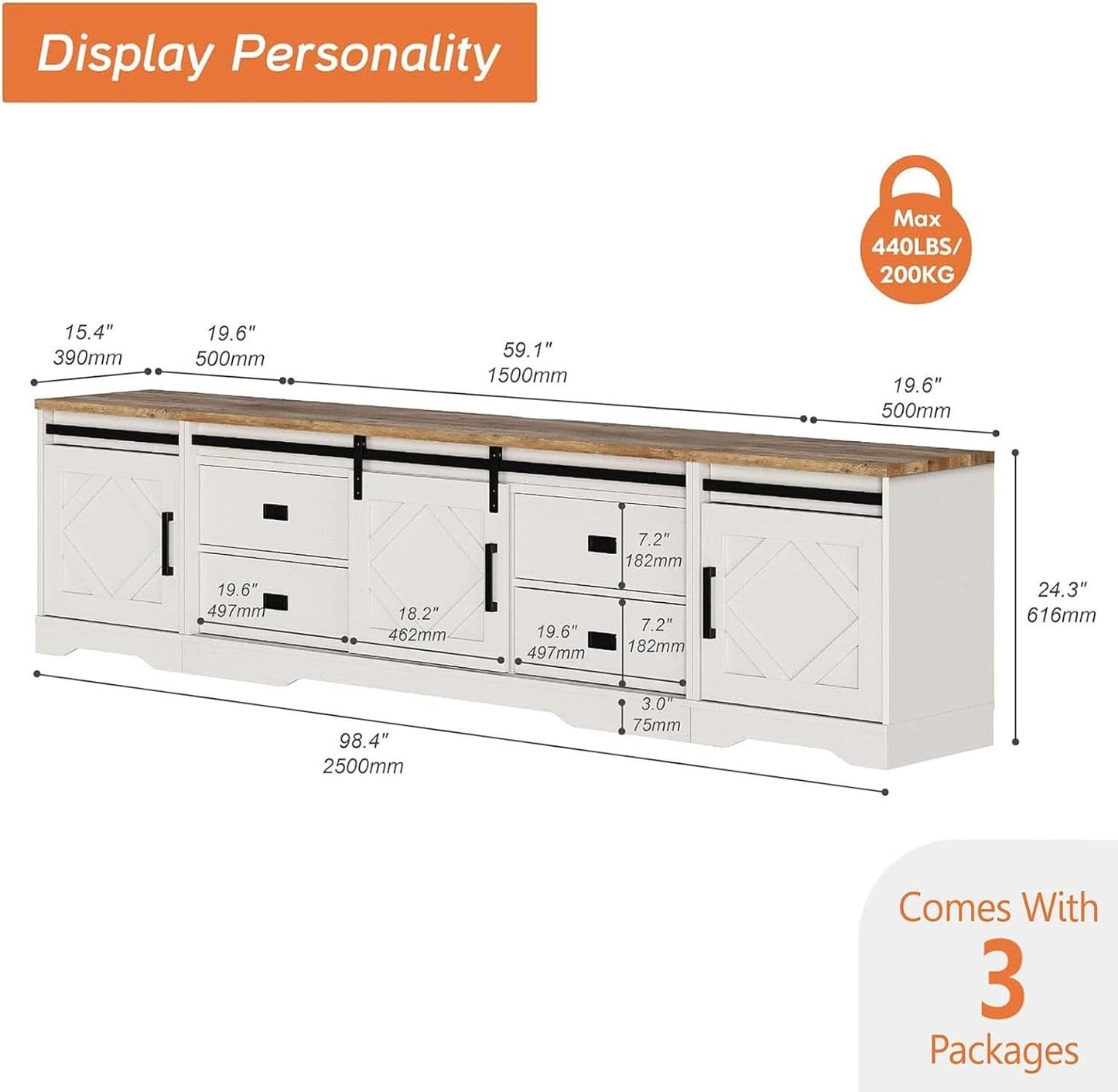 98.4 Inch Wide TV Stand Antique White For Living Room-1