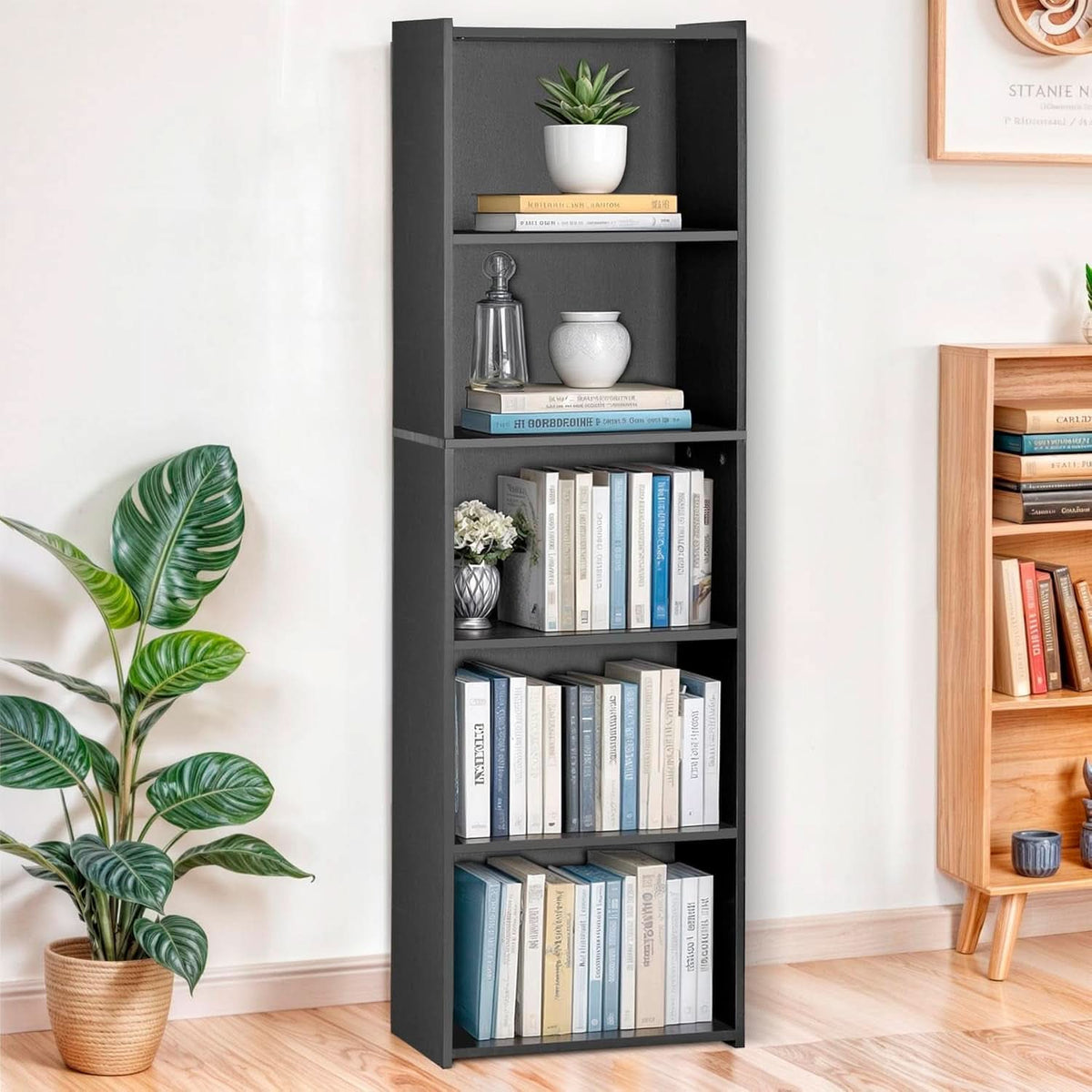 5 Tier Wood Bookcase Freestanding Black Home Office