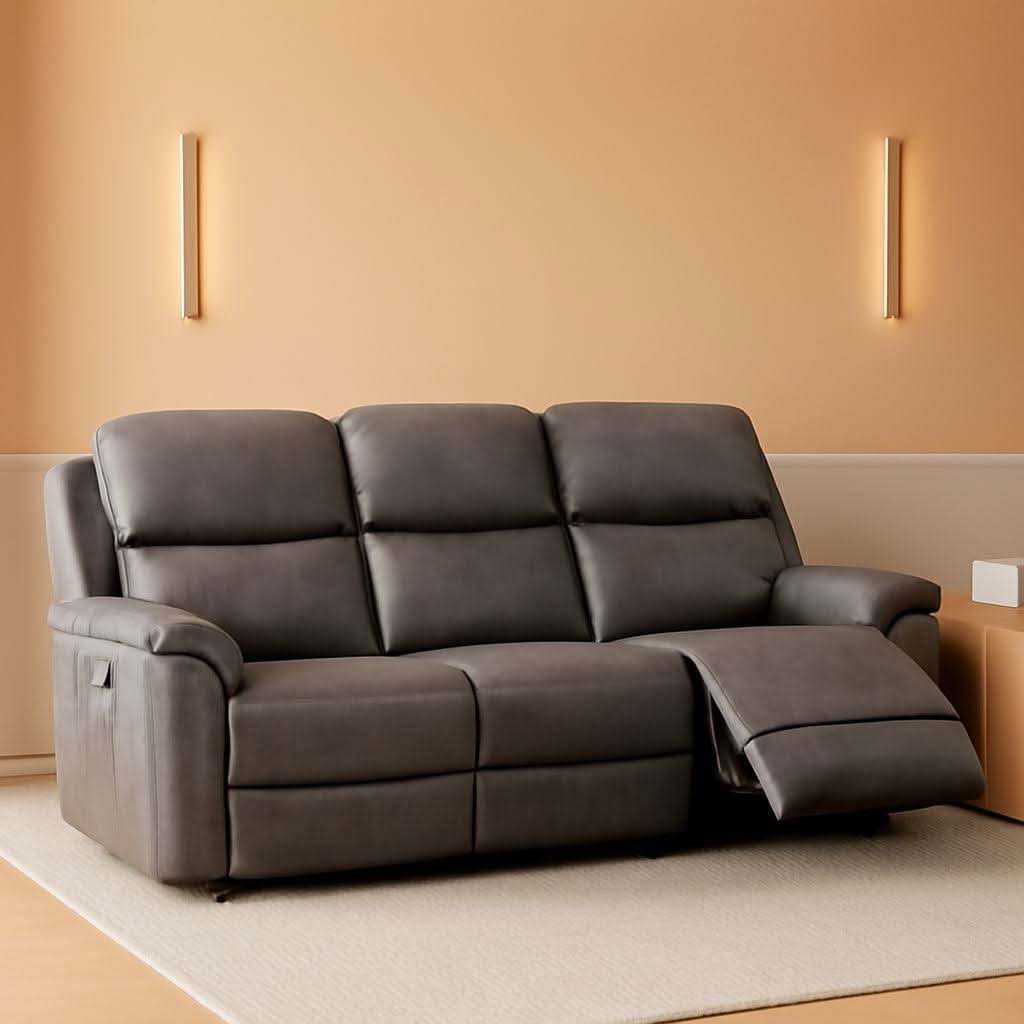 Grey Overstuffed Faux Leather Manual Recliner Sofa