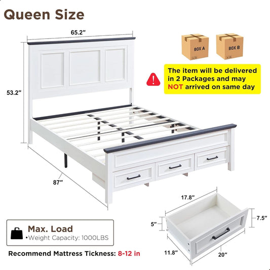 Queen Size Bed Frame Antique White Finish Storage Drawers-1