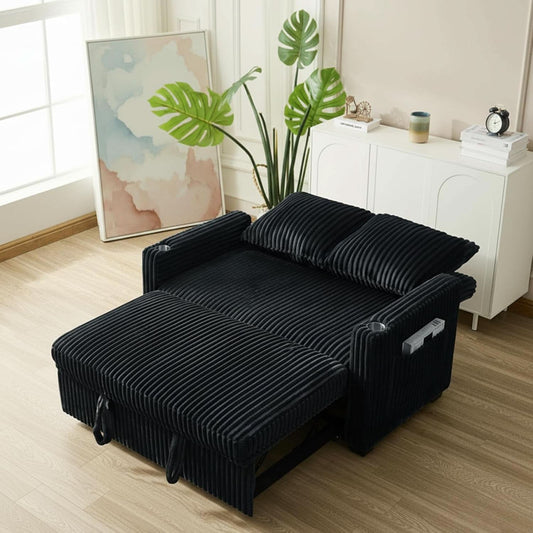 53 Inches Black Corduroy Fabric Sleeper Sofa USBPort