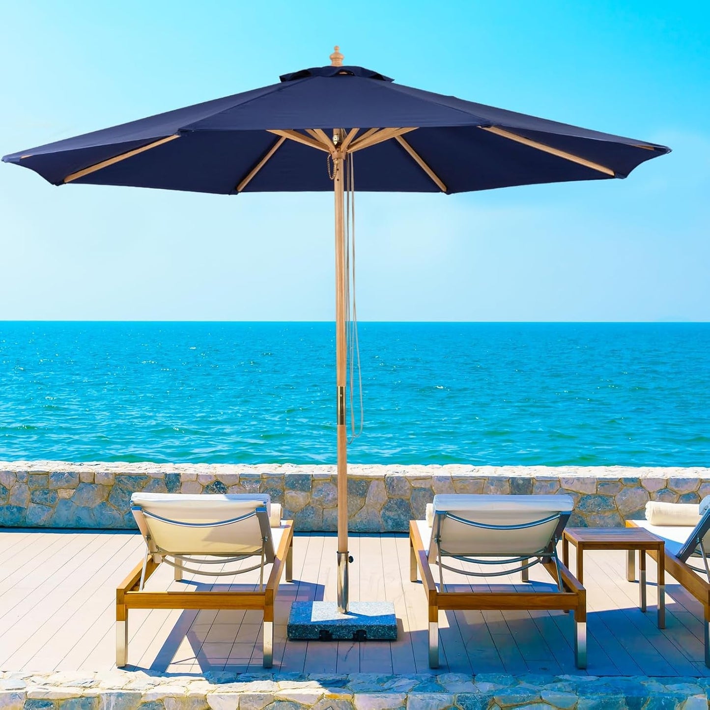 9ft Bamboo Outdoor Patio Umbrella Pulley Lift Market Umbrella