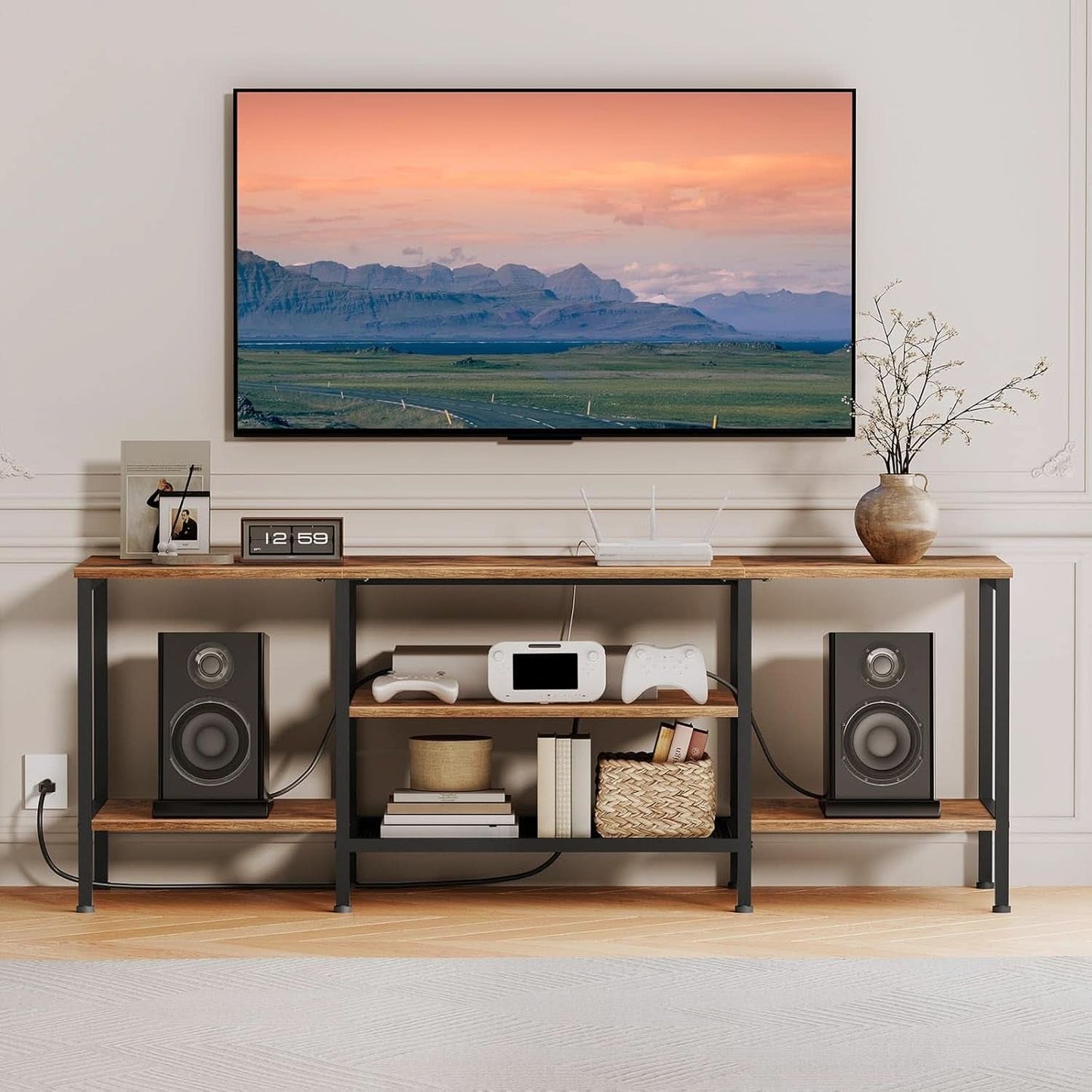 TV Stand With Power Outlets For 65 Inch TV Open Shelves