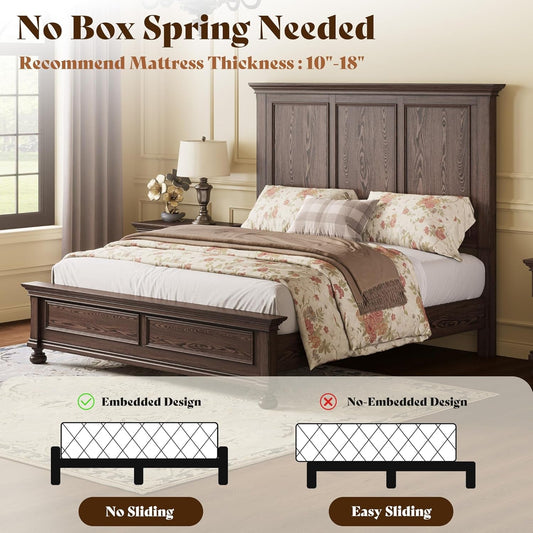 Solid Pine King Platform Bed Frame 65.2In Headboard