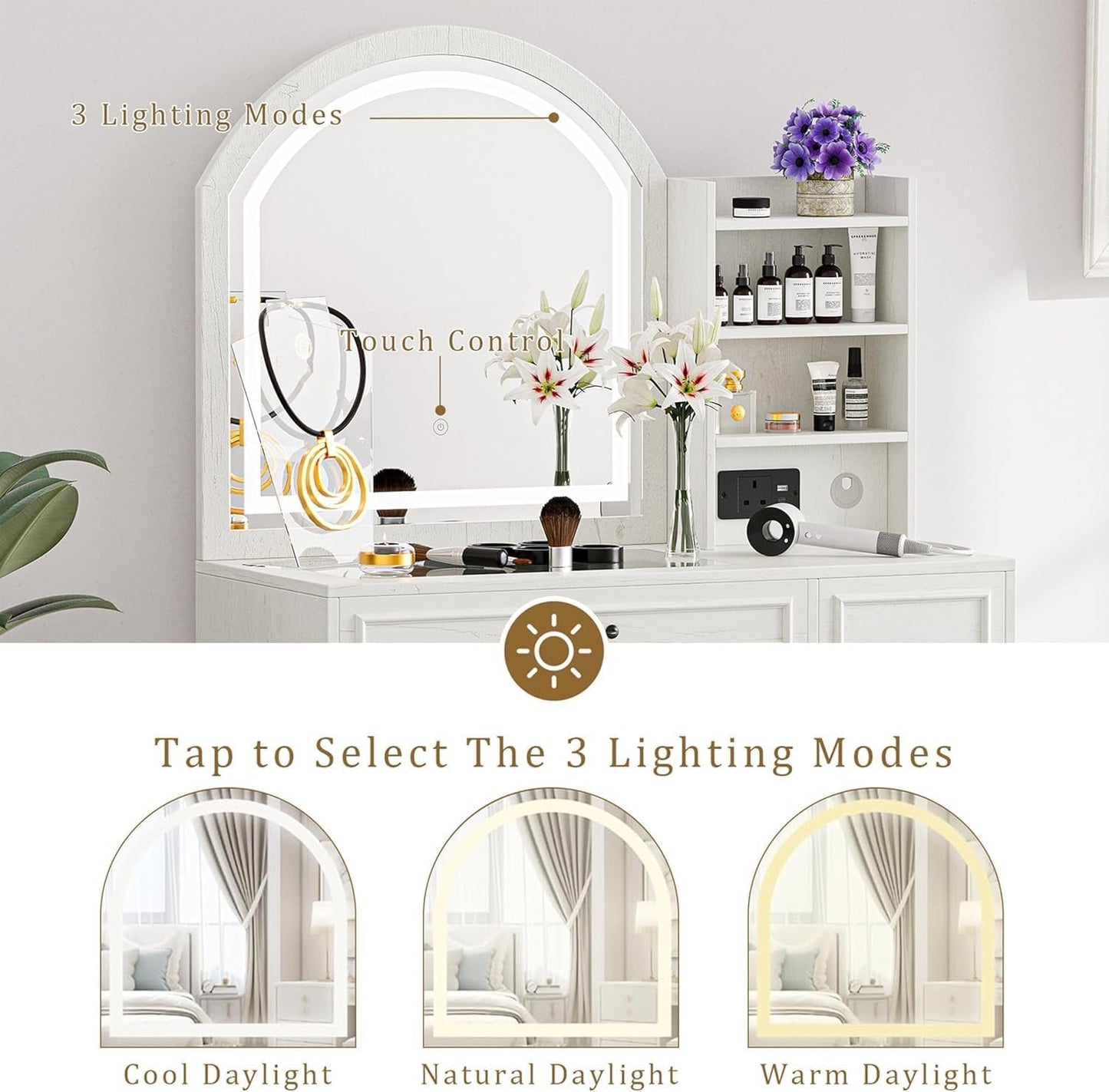 Antiquewhite Vanity Desk With LED Illuminated Mirror