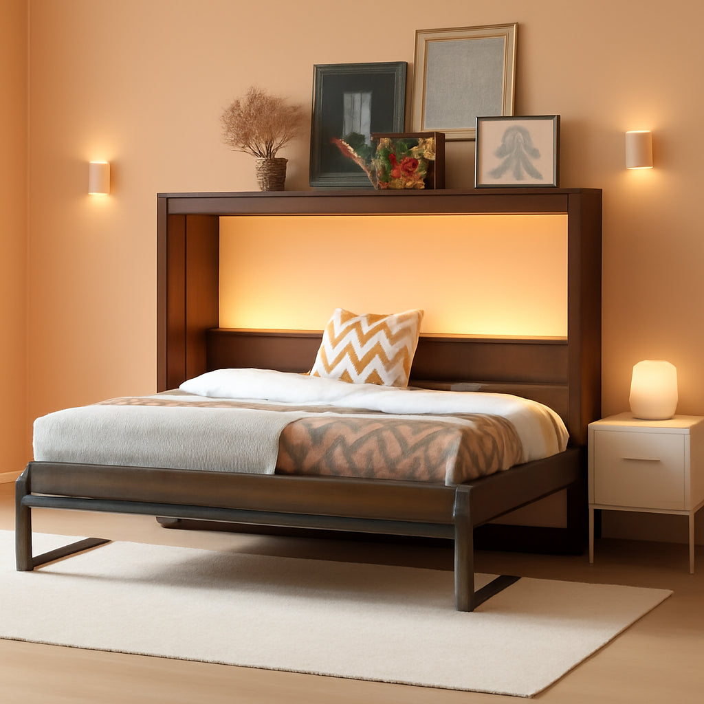 Contemporary Space Saving Murphy Bed With LED Brown