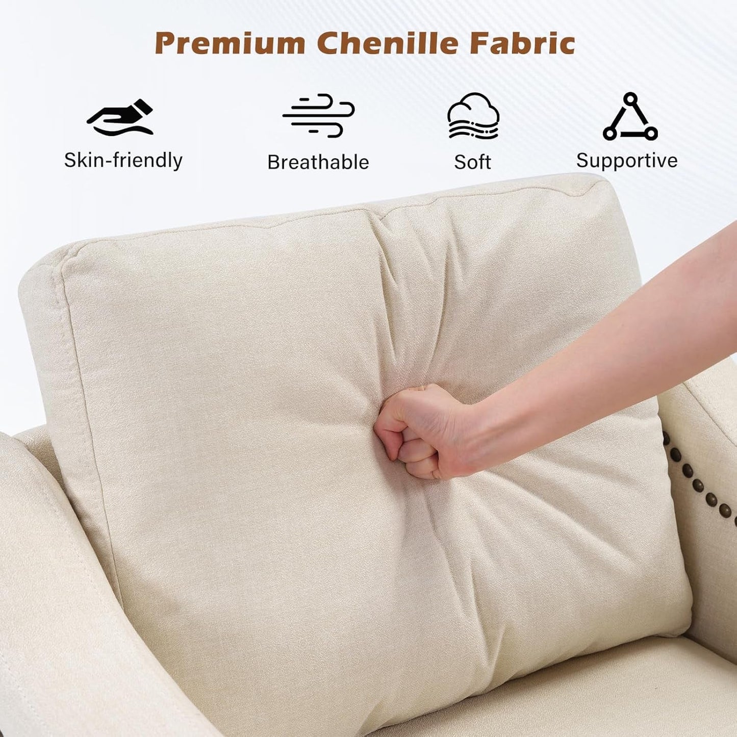 Beige ThreeSeater Upholstered Sofa With Nailhead Trim-3