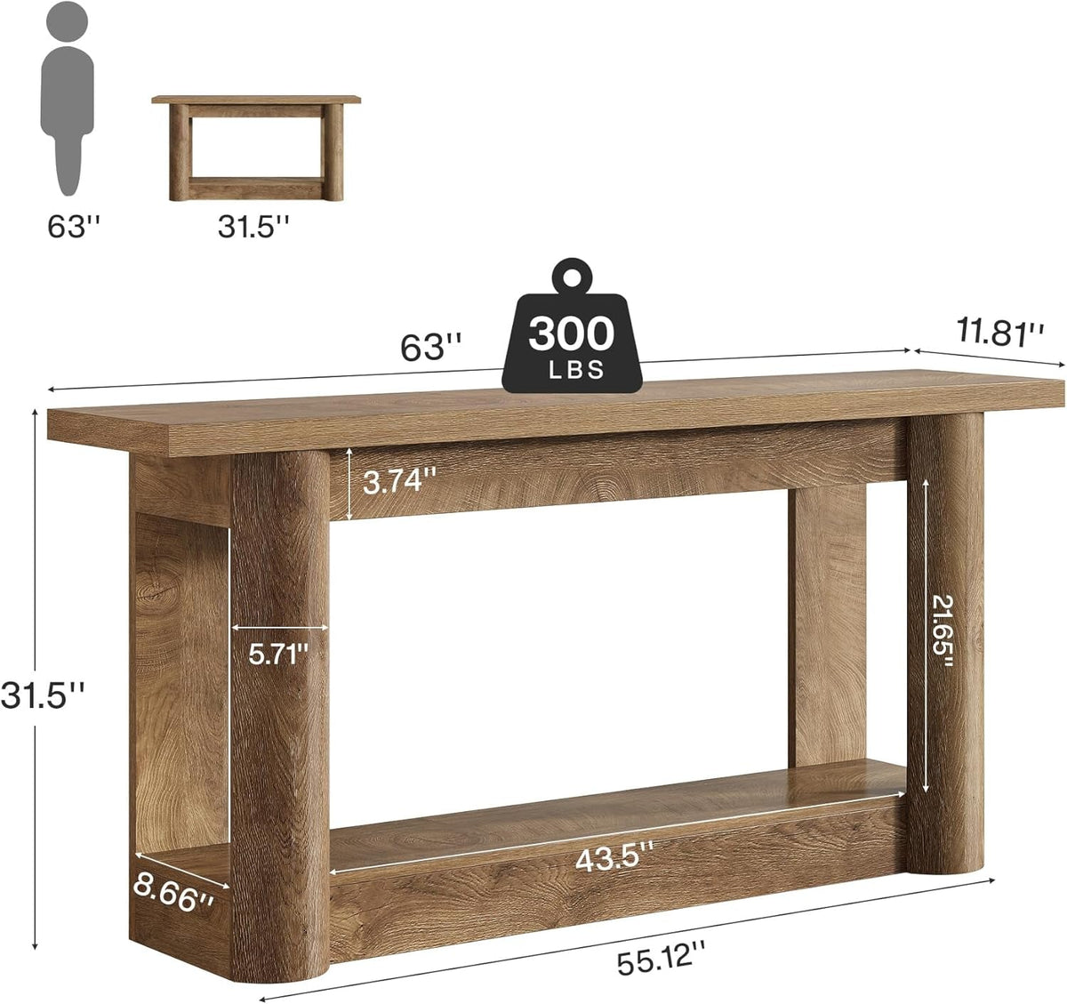63-Inch Farmhouse Console Table, 2-Tier Storage Sofa Table behind the Couch