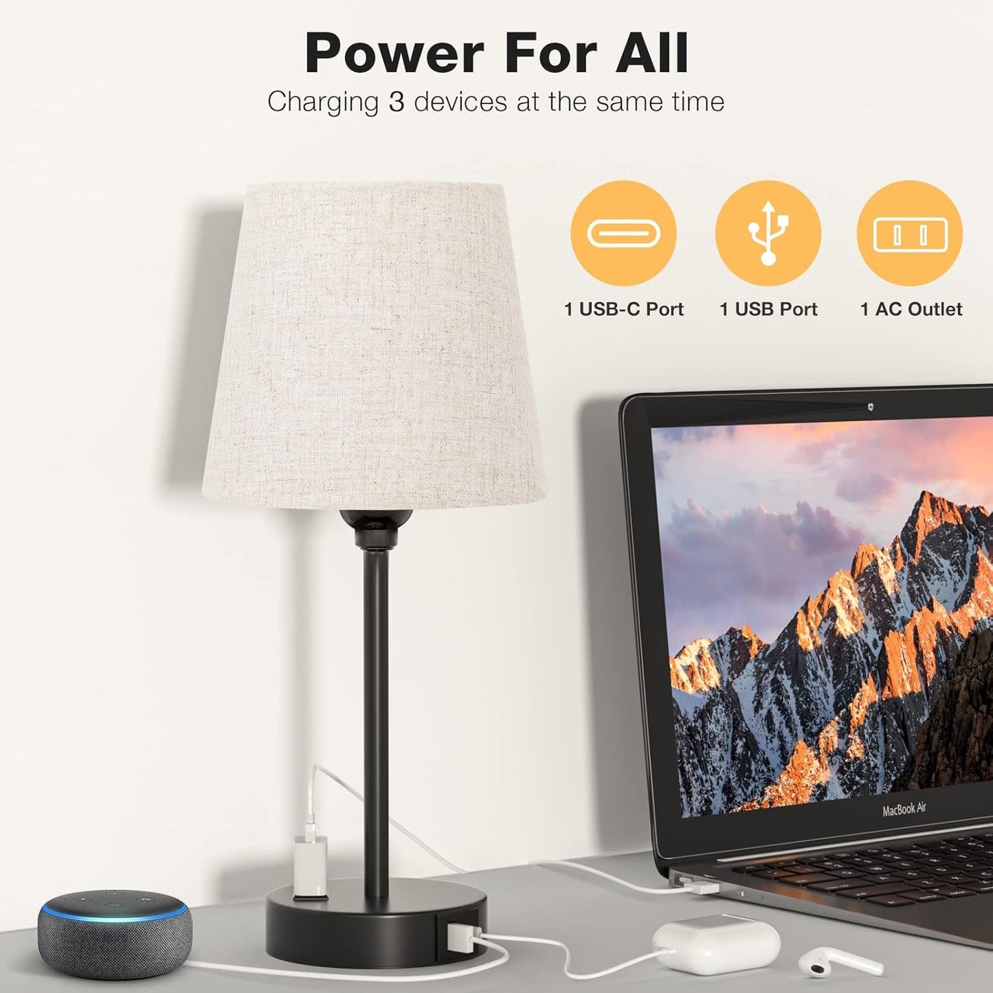Black Nightstand Lamps Multifunction USB C Dimmable