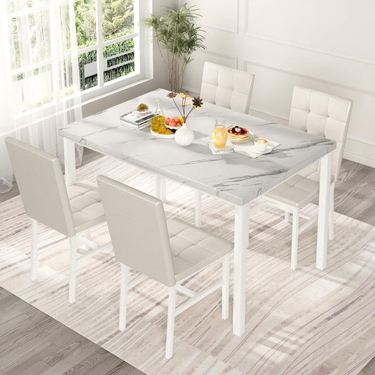 Snow White Marble Patterned Dining Table Set FivePiece