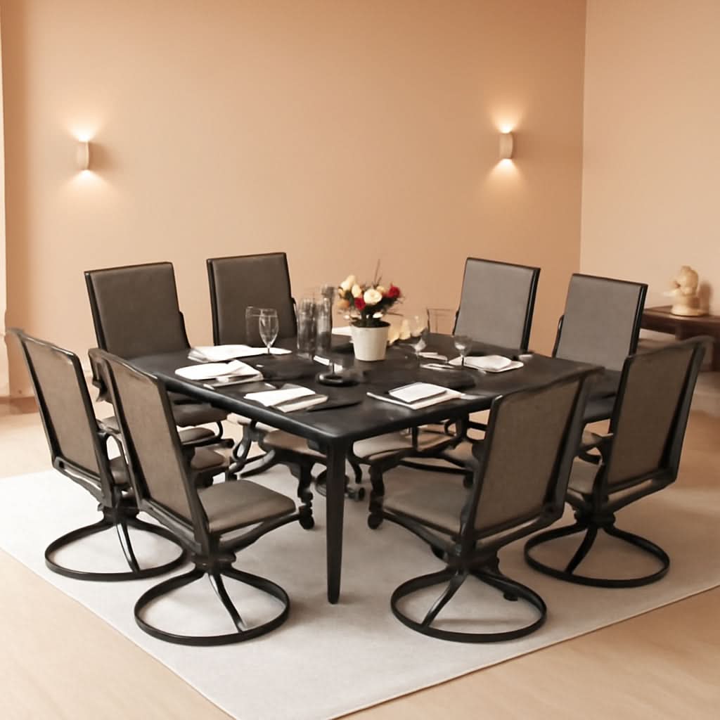 9 Piece Patio Dining Set With Large Square Metal Table And 8 Swivel Chairs