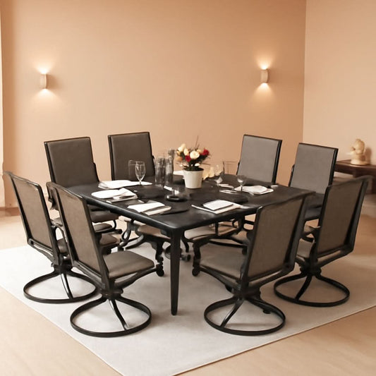 9 Piece Patio Dining Set With Large Square Metal Table And 8 Swivel Chairs