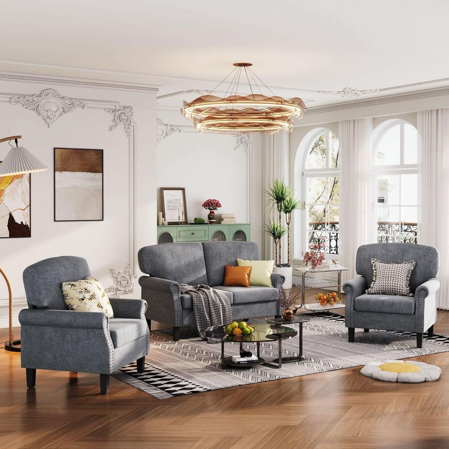 3 Piece Living Room Furniture Set Grey Linen Fabric Loveseat And Two Accent Chairs