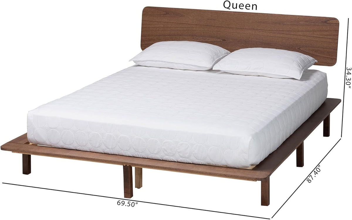 Japandi Walnut Brown Rubberwood Platform Bed Queen