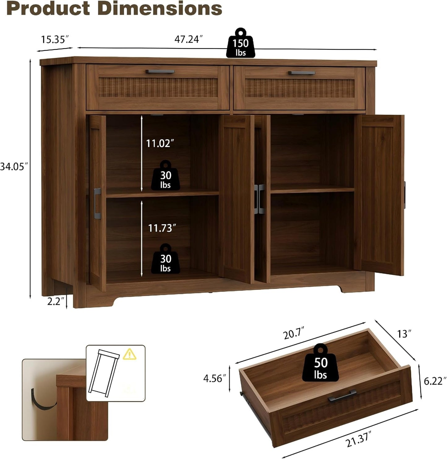 Farmhouse Fluted Walnut Sideboard Cabinet With Drawers