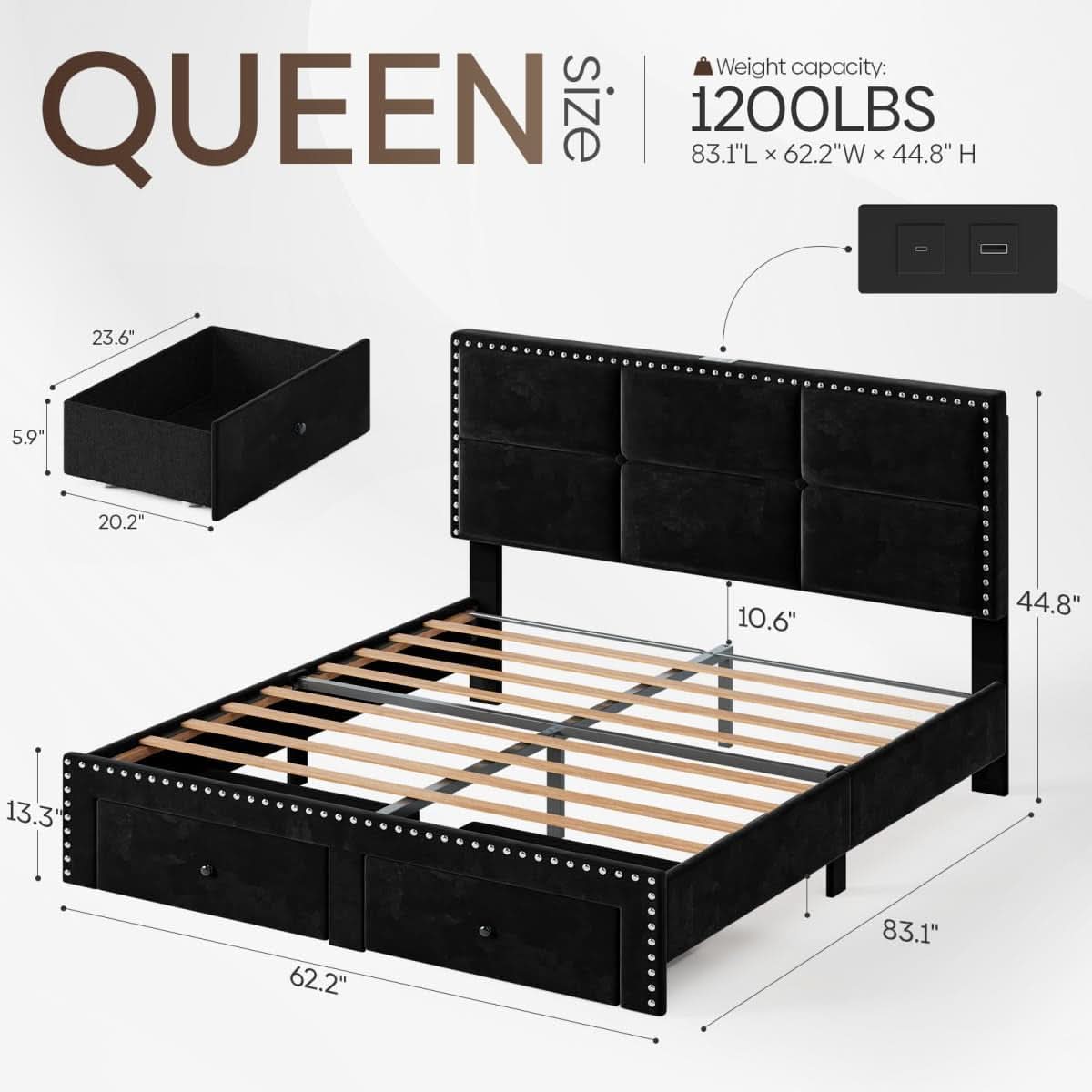 Queen Platform Bed Frame With Integrated Drawers USB Charge