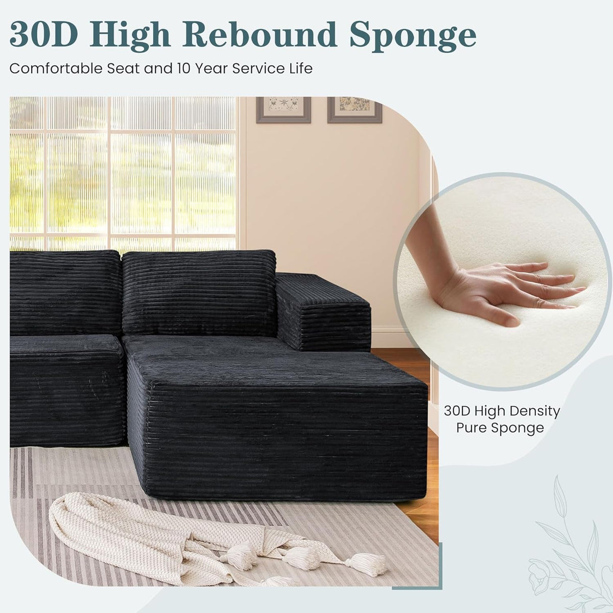 106 Inch Black Corduroy Upholstered Sectional Sofa