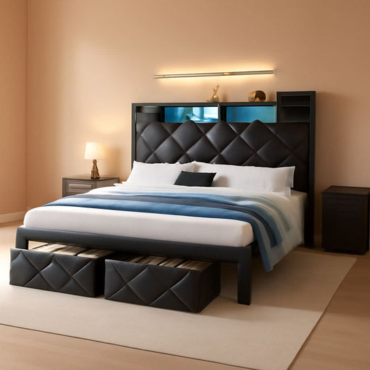 Queen Size Black Upholstered Bed Frame USB Charging