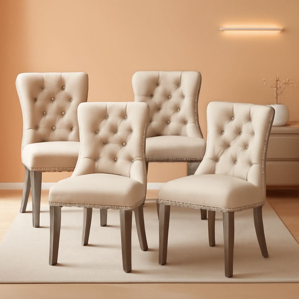 Velvet Dining Chairs Set Of 4 Beige With Ring Pull Trim
