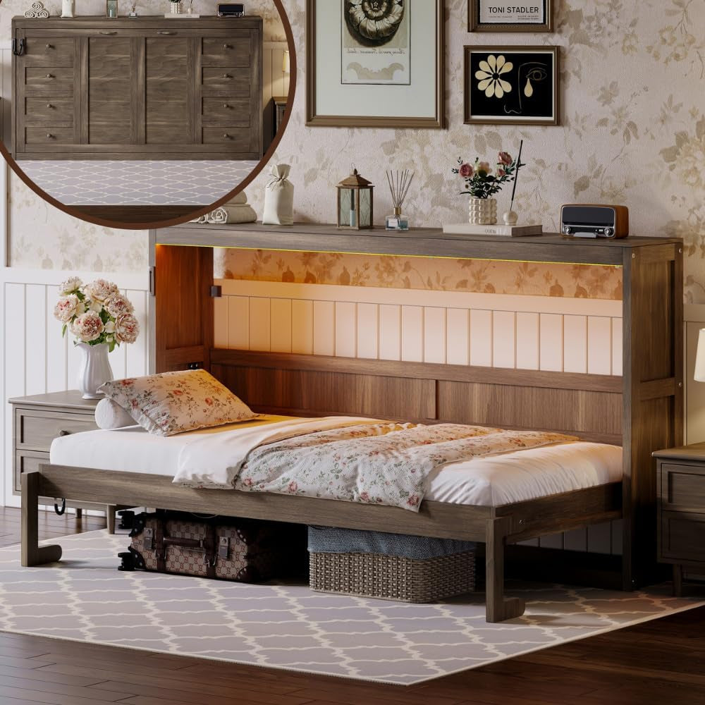 Contemporary Space Saving Murphy Bed With LED Brown