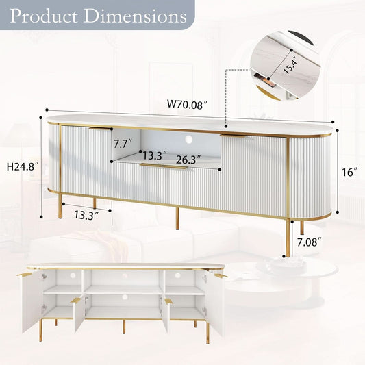 Elegant White Fluted Seventy Inch TV Stand Storage Solutions