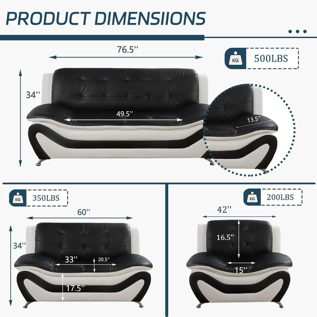 Vegan Leather Sofa Set 3 Piece Living Room Furniture White and Black-1