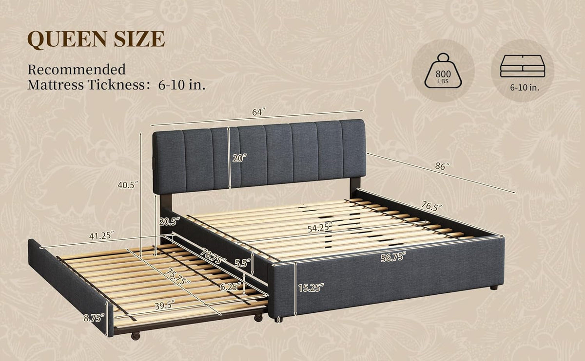 Queen Size Upholstered Platform Bed Featuring Trundle