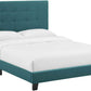 Queen Platform Tufted Upholstered Bed Teal Velvet Texture