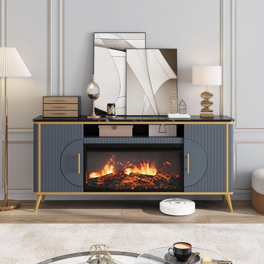 Fluted Fireplace TV Stand Navy Sophisticated Marble