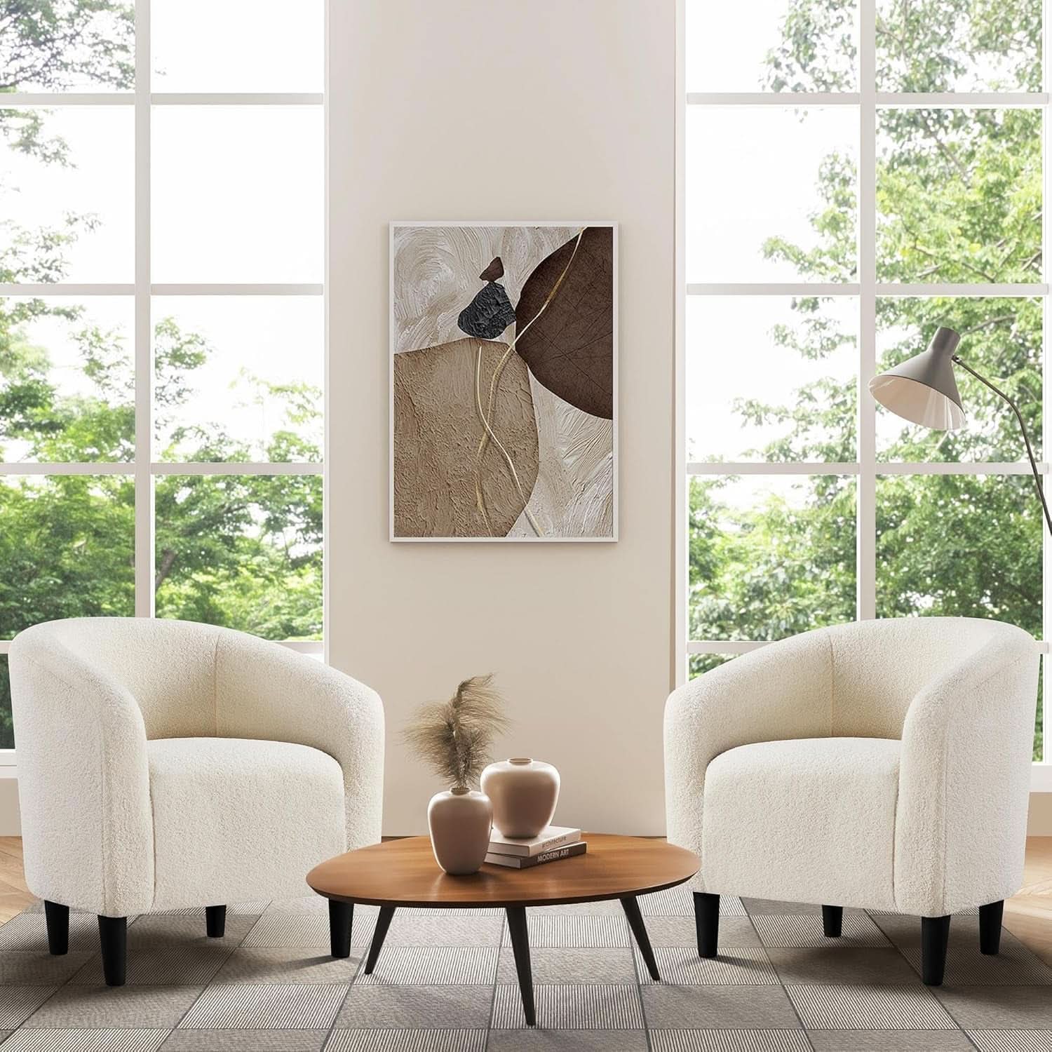 Ivory Barrel Chairs Boucle Living Room Duo Two Piece Set-3