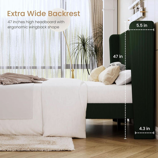 Queen Size Corduroy Upholstered Dark Green Bed Frame