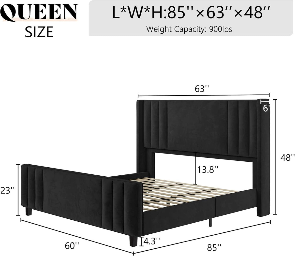 Velvet Queen Platform Bed Frame With Tufted Black Headboard