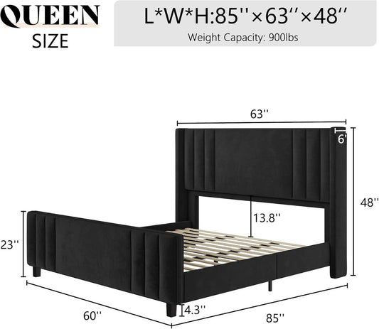 Velvet Queen Platform Bed Frame With Tufted Black Headboard