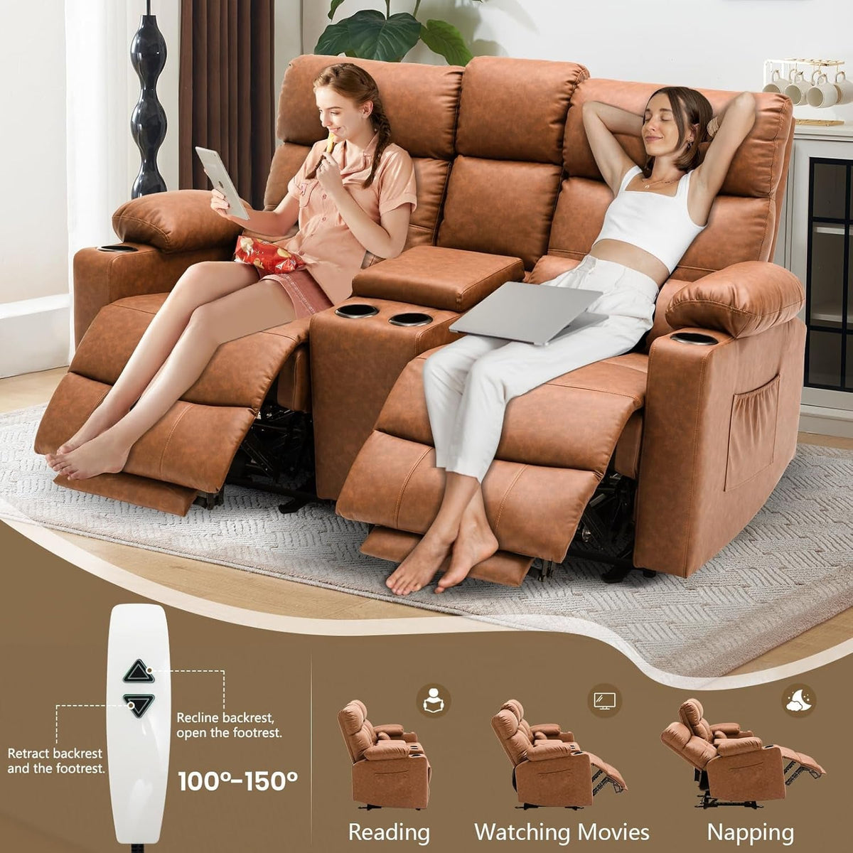 Power Recliner Loveseat With Console Yellowish Brown