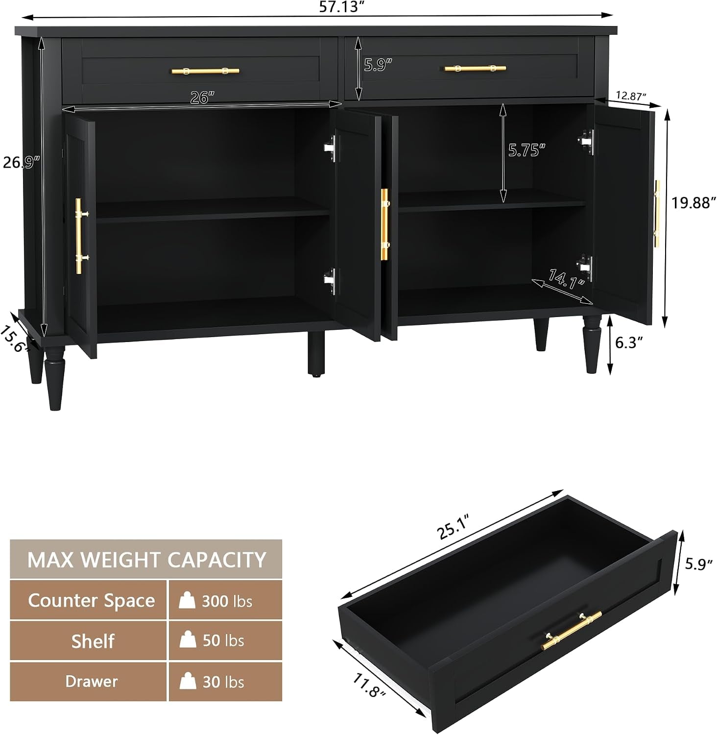 58Inch Modern Sideboard Buffet Cabinet Black Storage-1