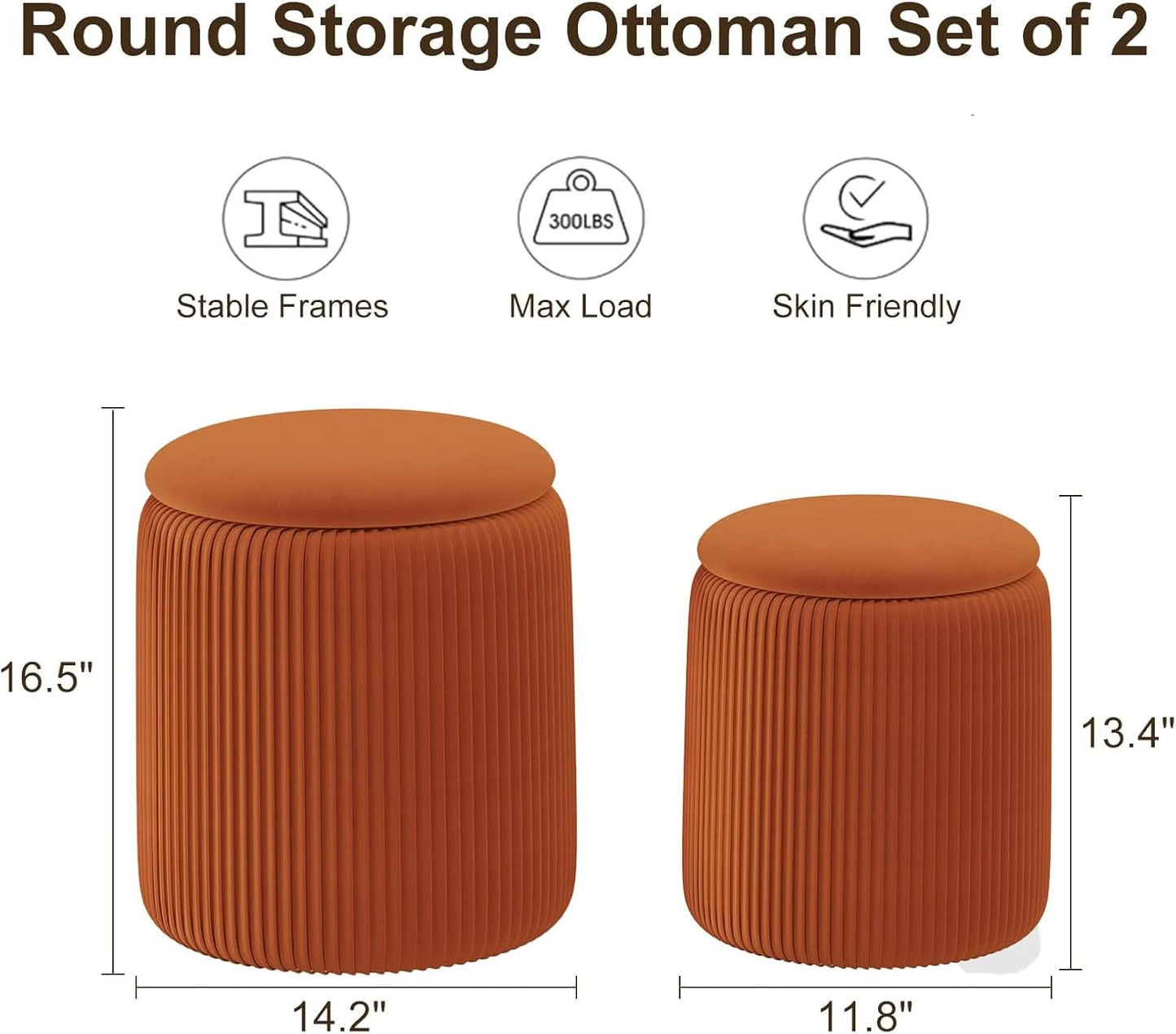 Two Orange Velvet Round Storage Ottoman Multifunction