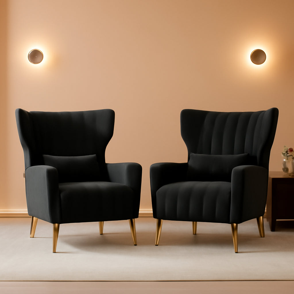 Black Velvet Wingback Chair Upholstered With Pillow
