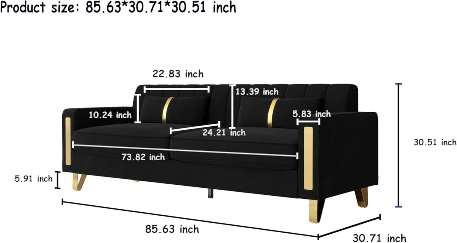 86-Inch Black Velvet Loveseat With Gold Metal Legs For Living Room-1