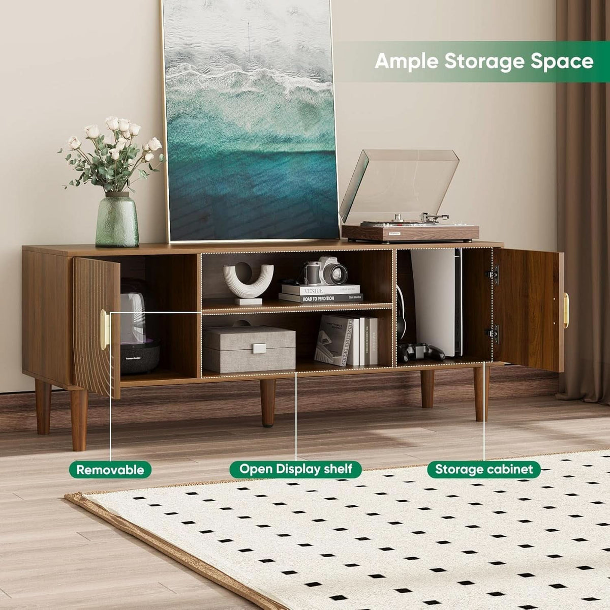 Walnut 47 Inch TV Stand Featur ingInte grated Storage