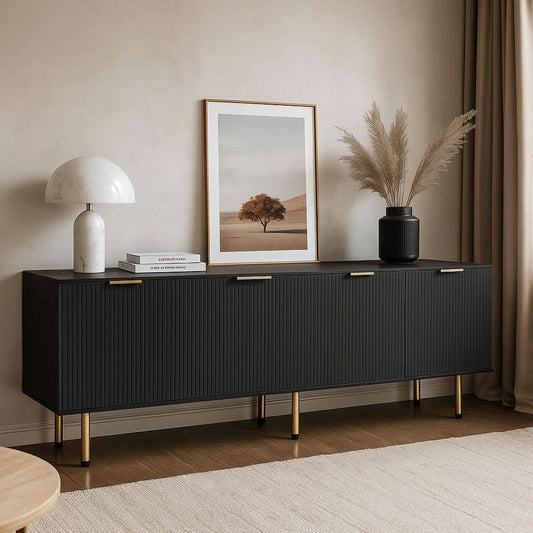 Black Fluted Mid Century Modern TV Entertainment Center With Storage